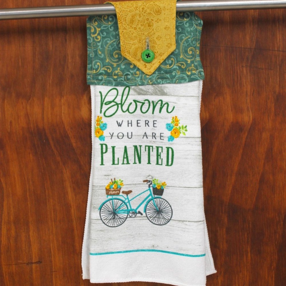 "BLOOM WHERE YOU ARE PLANTED"GREEN & GOLD BICYCLE HANDMADE HANGING KITCHEN TOWEL